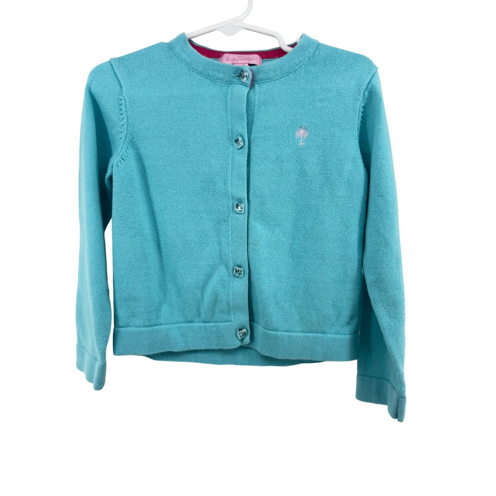 Lilly Pulitzer Girls Turquoise Cotton Palm Tree Cardigan Sweater Size 4 Spring
